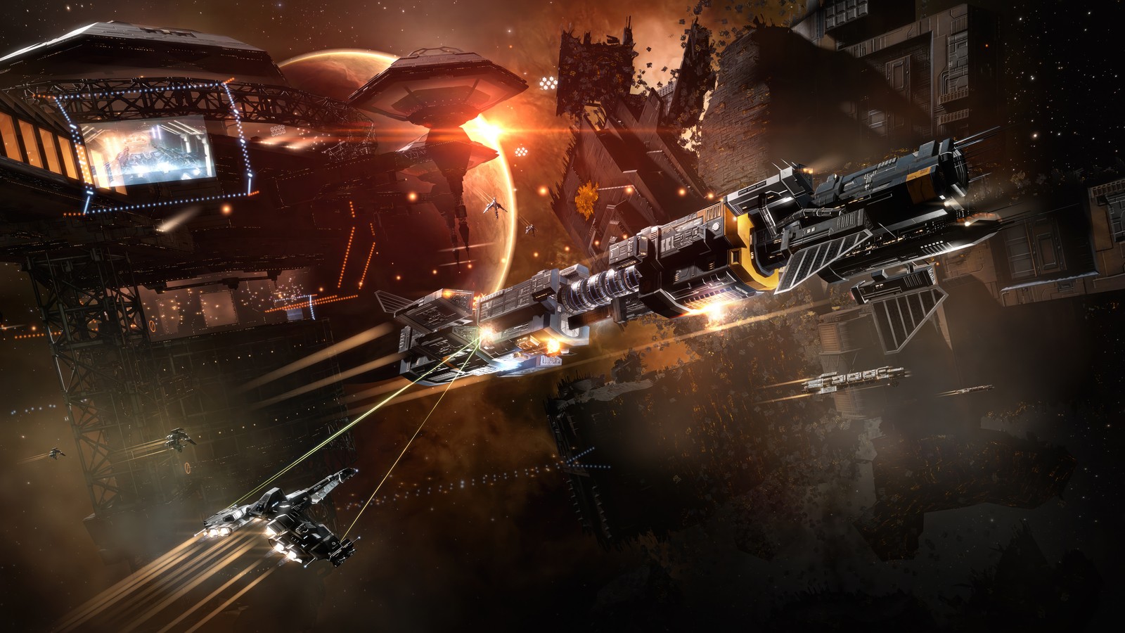 A spaceship flies through space with a large star in the background (eve online, video game, space, battle)