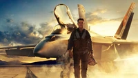 Top Gun: Maverick - Tom Cruise na frente de um caça ao amanhecer