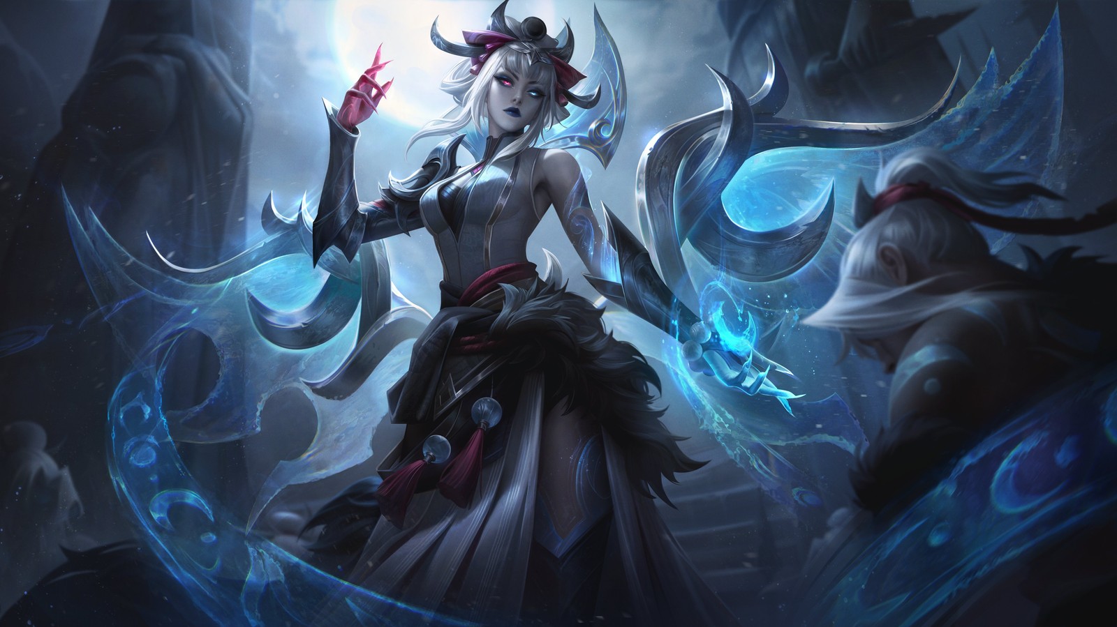 Una mujer con un vestido y cuernos en la cabeza (snow moon morgana, league of legends, juegos, fondo de pantalla 4k)