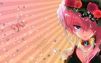 Garota de anime com corte hime rosa e cabelo longo castanho, adornada com rosas e uma borboleta, contra um fundo rosa vibrante com estrelas brilhantes.