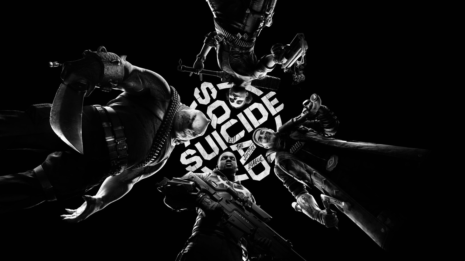 Arafed image of a man riding a skateboard on a black background (suicide squad kill the justice league, black and white, monochrome, black background, deadshot)