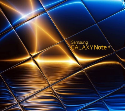 Logo de Samsung Galaxy Note 4 sobre un fondo vibrante y abstracto en azul y dorado