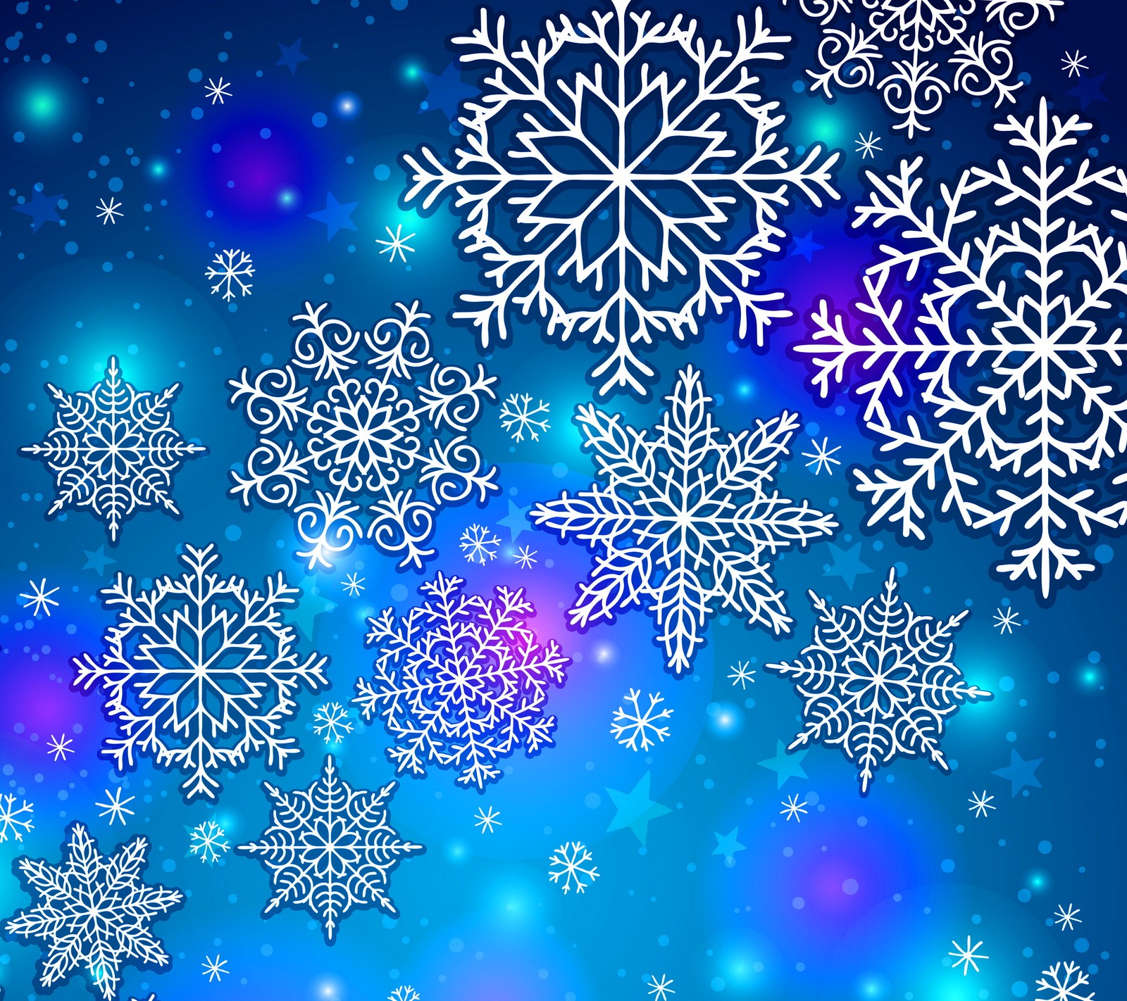 Snowflakes and stars on a blue background with a blue sky (abstract christmas, snow flakes)