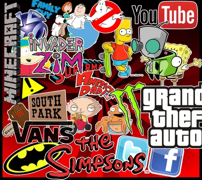 A vibrant collage of popular brand logos and iconic cartoon characters, featuring Vans, The Simpsons, South Park, and more, showcasing a blend of entertainment and culture.