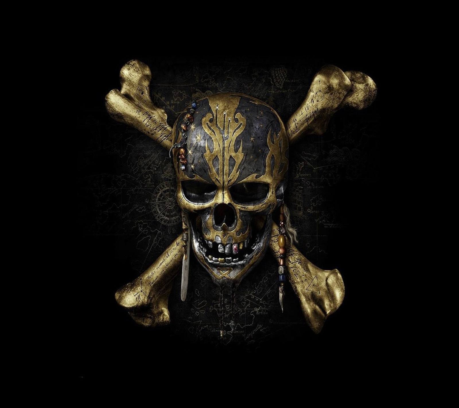 Calavera de pirata y huesos sobre un fondo negro (huesos, jack, piratas del caribe, calavera, gorrión)