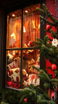 Vitrine de Noël confortable avec des jouets en peluche et une décoration festive