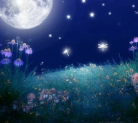 Nuit enchanteresse : les lucioles dansent parmi les fleurs d'été sous une pleine lune