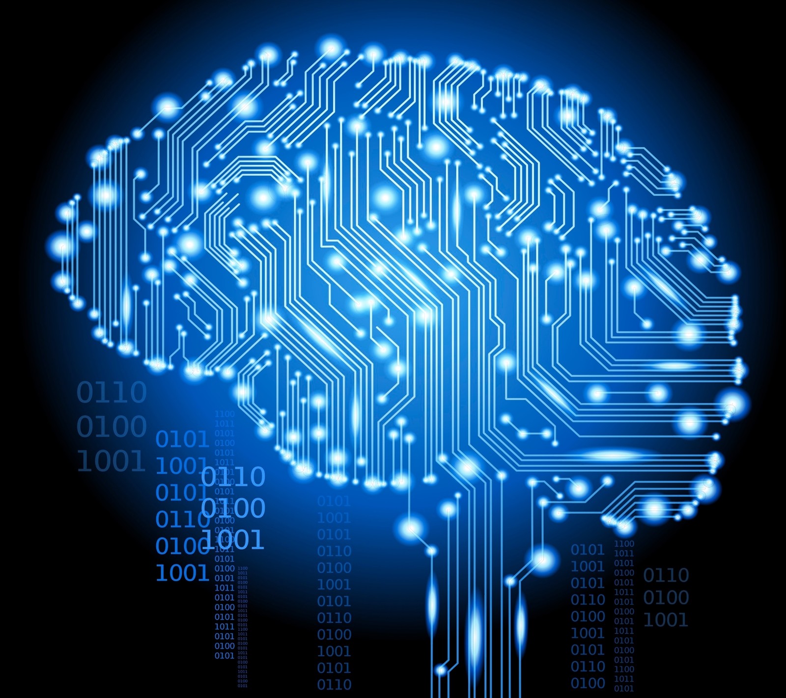 Computerplatine mit einem gehirn in der mitte (gehirn, daten, zahl, wissenschaft, technik)