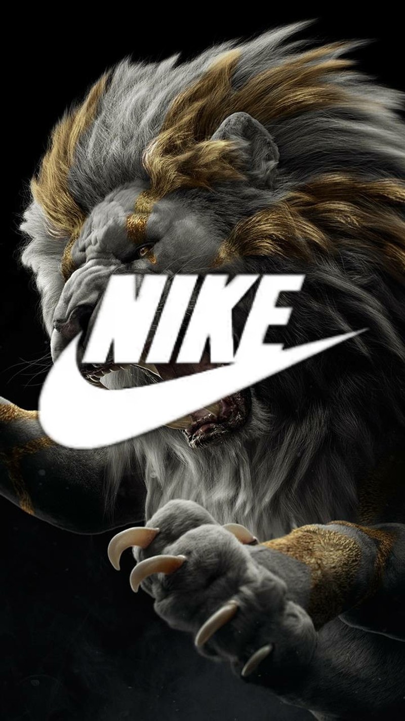 Лев nike с белым логотипом nike на его лице (лев, nike)