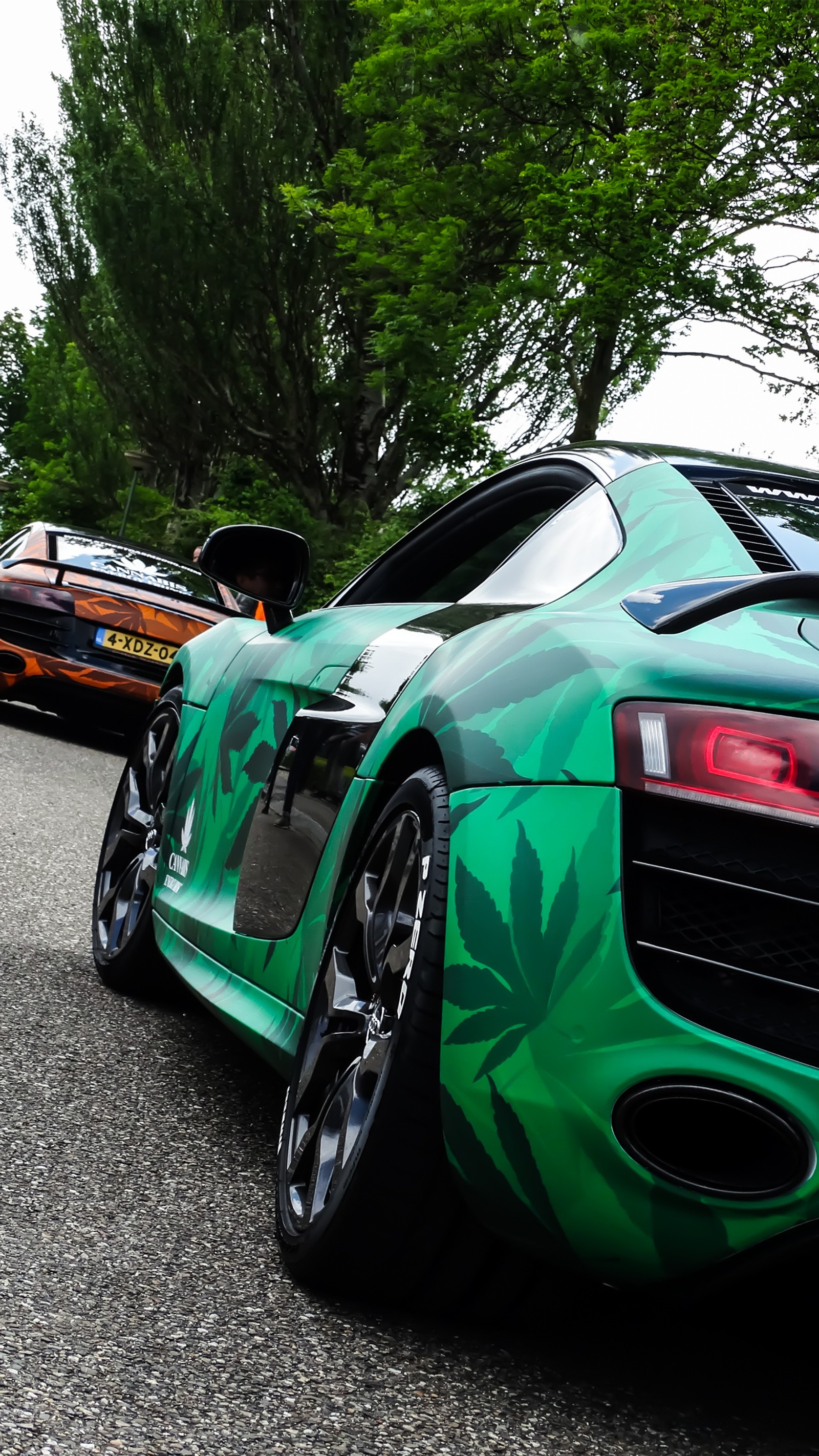 A close up of a green sports car parked on a street (audi, audi r8, audi rs6, audir rs7, car)