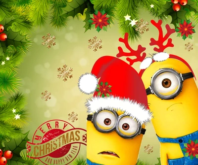 Minions célébrant un Joyeux Noël avec des chapeaux de Noël et des décorations festives