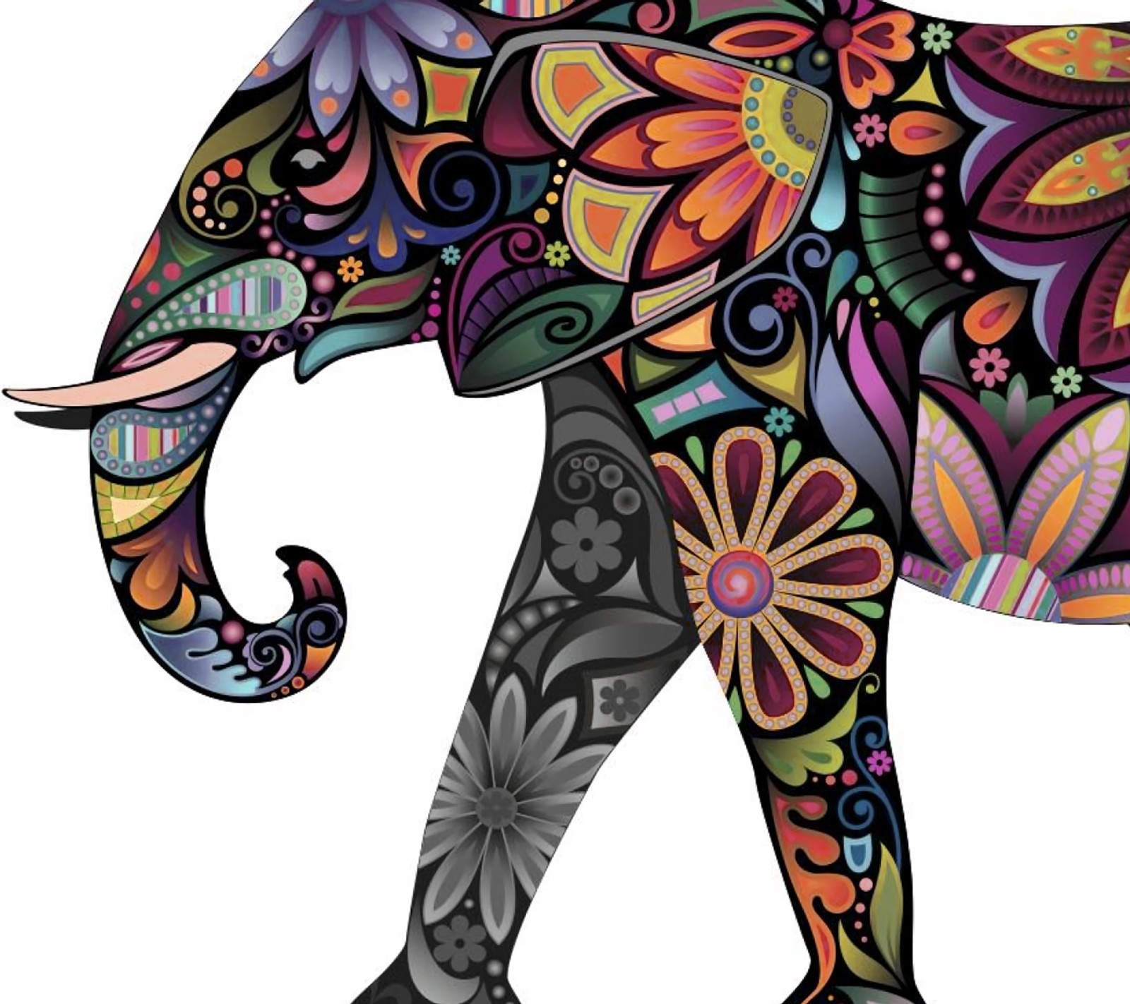 Um elefante colorido com padrões florais em um fundo branco (arte, elefante, flores)