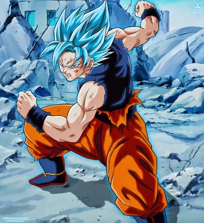 Goku SSJ Blue in Action Amidst Ruins