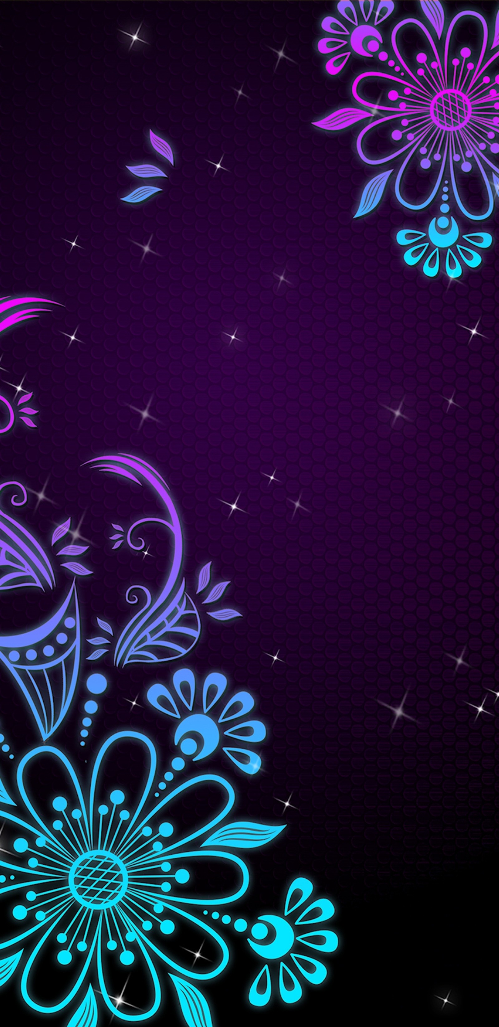 Purple and blue flowers on a black background with stars (beautiful, floral, flower, flowers, neon)