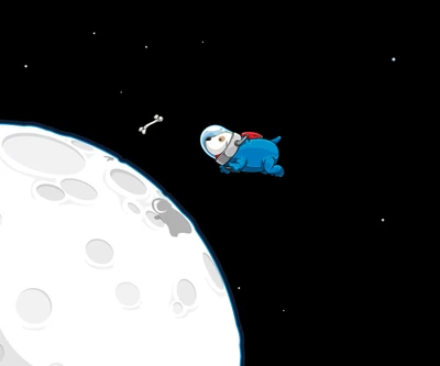 Chien de dessin animé astronaute en orbite avec un os près de la Lune