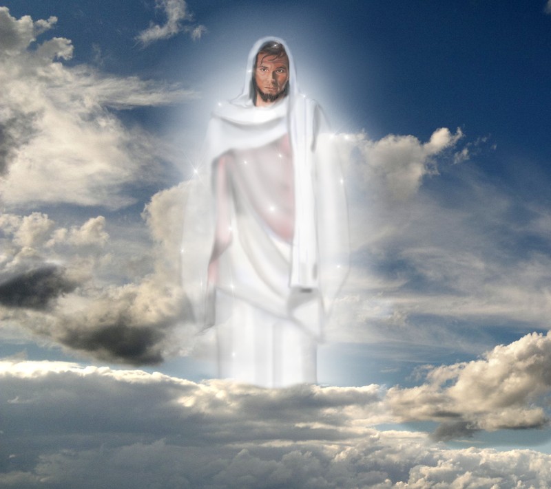 Arafed image of jesus standing in the clouds with a sky background (design, from, thesky)