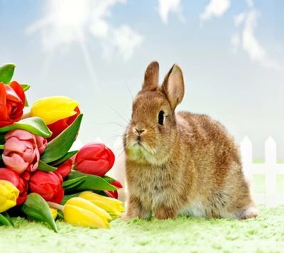 Lapin entouré de tulipes colorées au lever du soleil