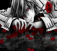 Anime Boy with Striking Red Eyes Amidst Rose Petals