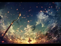 anime, fire, girl, sky