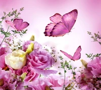 Elegant Pink Butterflies Amidst Blooming Roses