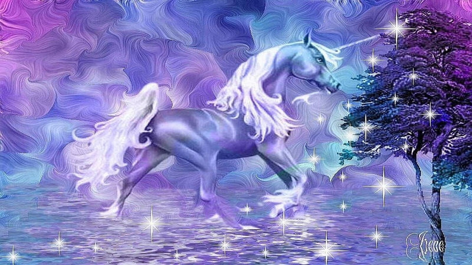 Un primer plano de un unicornio corriendo en el agua cerca de un árbol (unicornio, fantasía, púrpura, violeta, caballo)