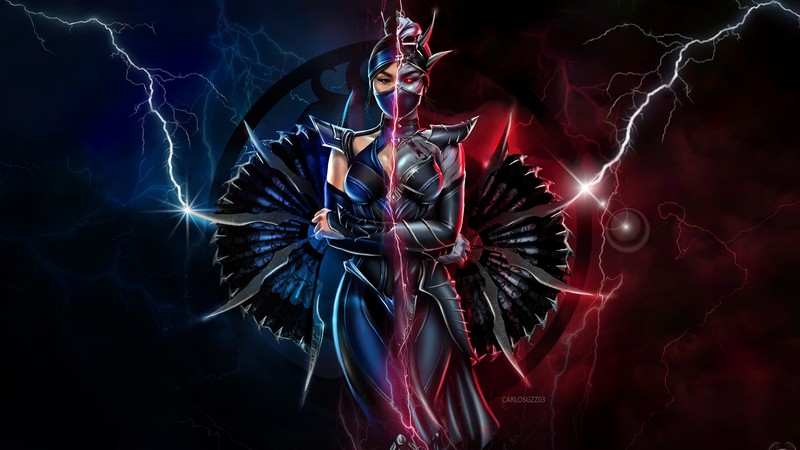 Крупный план женщины в костюме с веером (китана, kitana, mortal kombat 11, видеоигра)