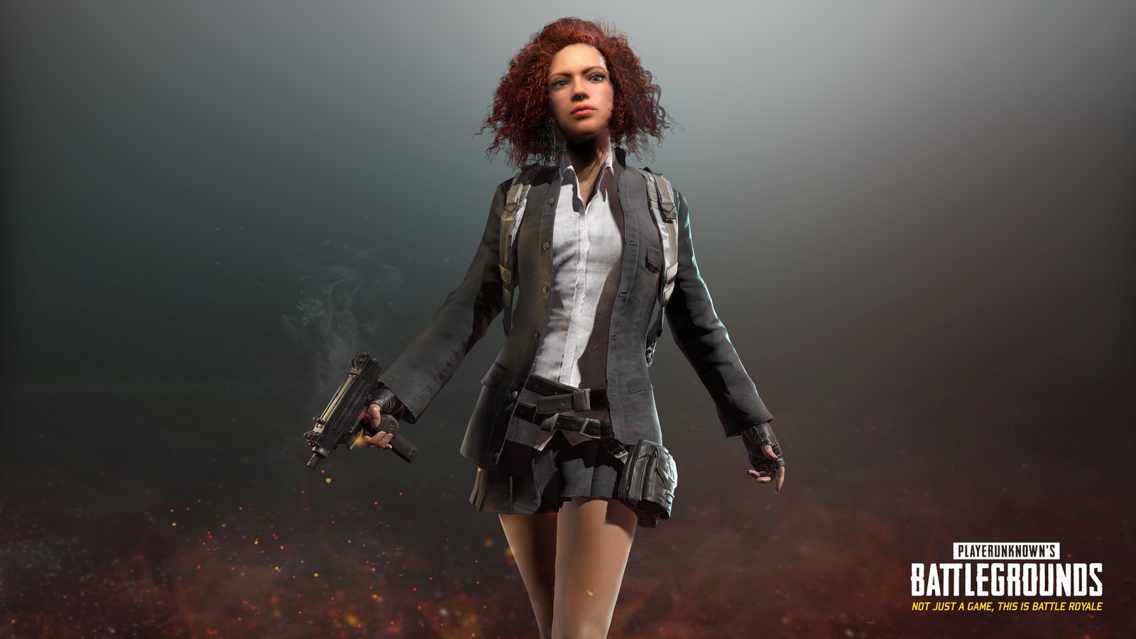 A woman in a skirt holding a gun and a cigarette (pubg, playerunknowns battlegrounds, video game)