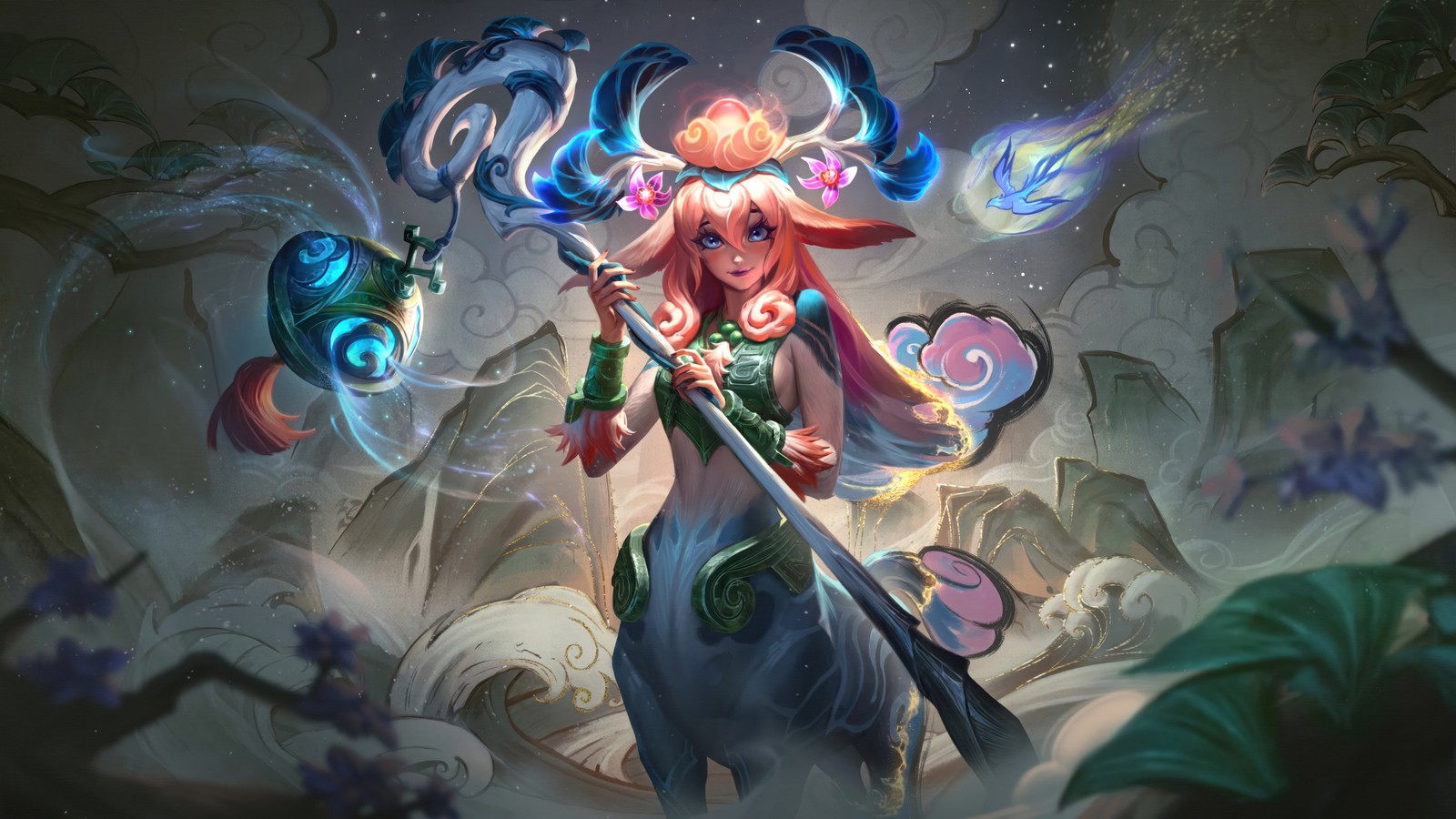 Une femme avec une épée et une fleur à la main (shan hai scrolls, lillia, peau, league of legends, jeu vidéo)