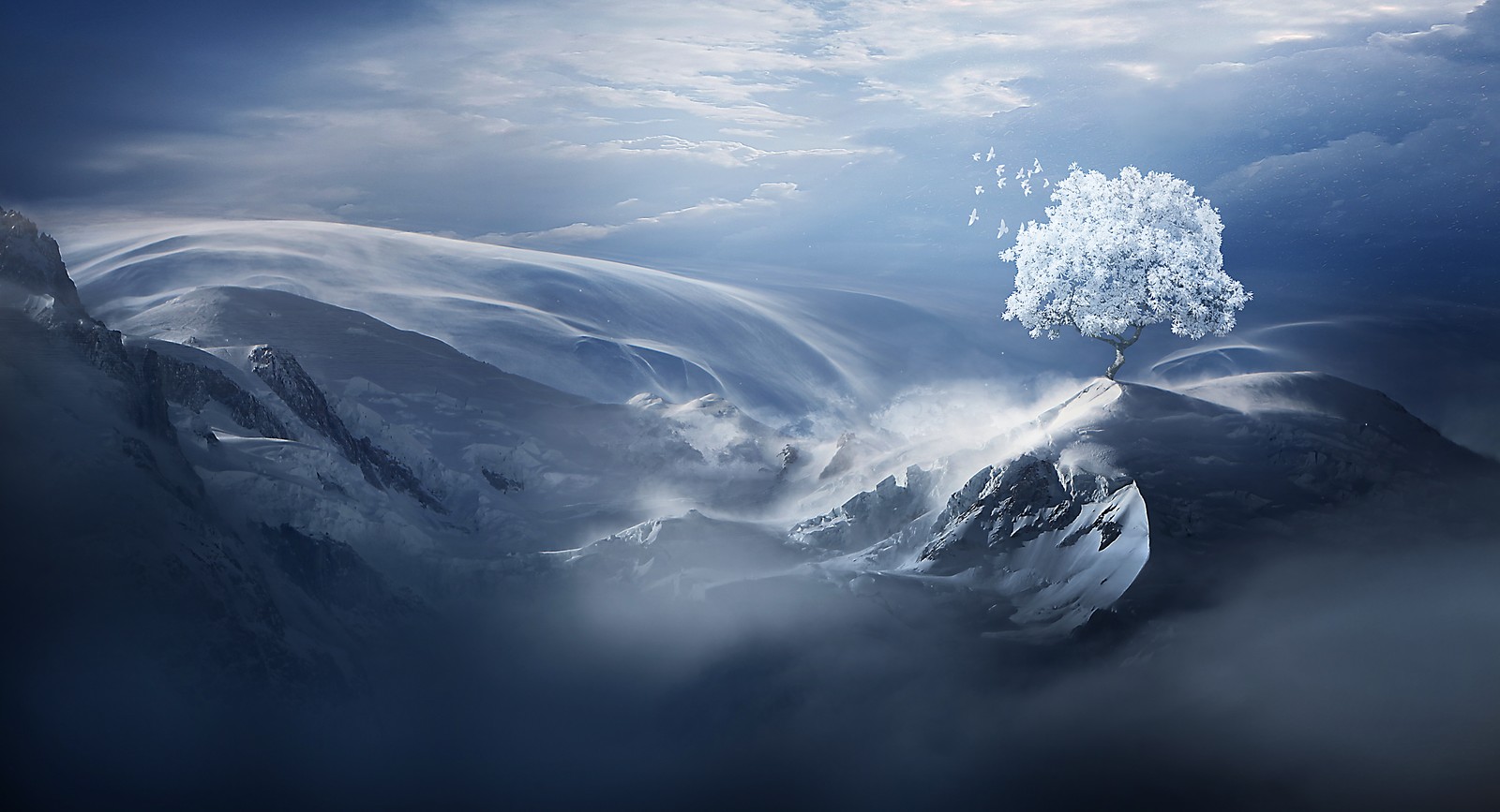 Arabische sicht auf einen baum auf einem schneebedeckten berg mit blauem himmel (landschaft, wolke, atmosphäre, winter, berg)