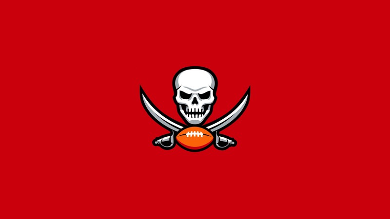 Череп и мечи с сердцем на красном фоне (тампа бэй буканирс, tampa bay buccaneers, минималистичный логотип, красный фон, команда нфл)