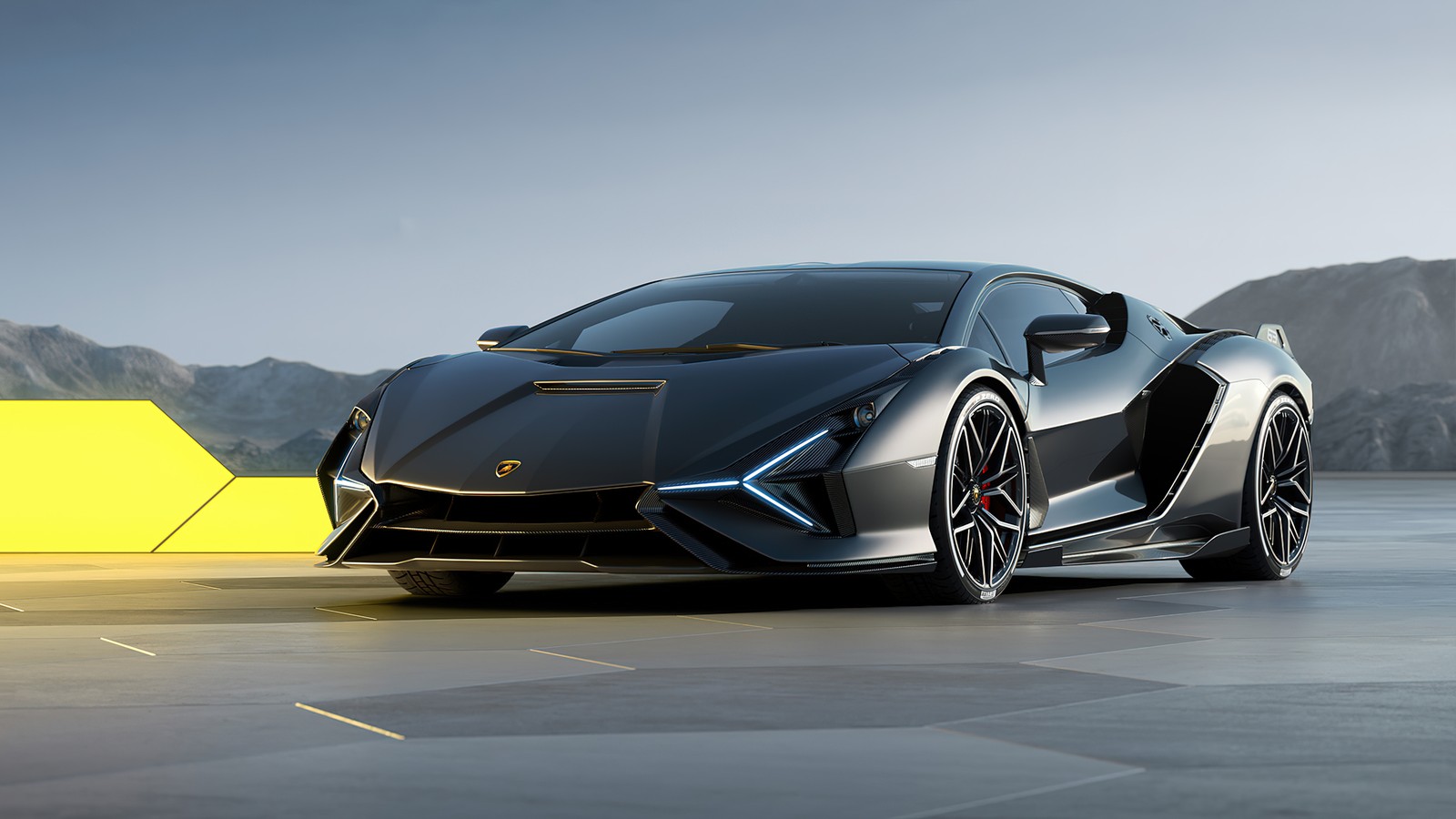 Un coche deportivo negro estacionado frente a una pared amarilla (lamborghini sián fkp 37, cgi, coches, fondo de pantalla 4k)