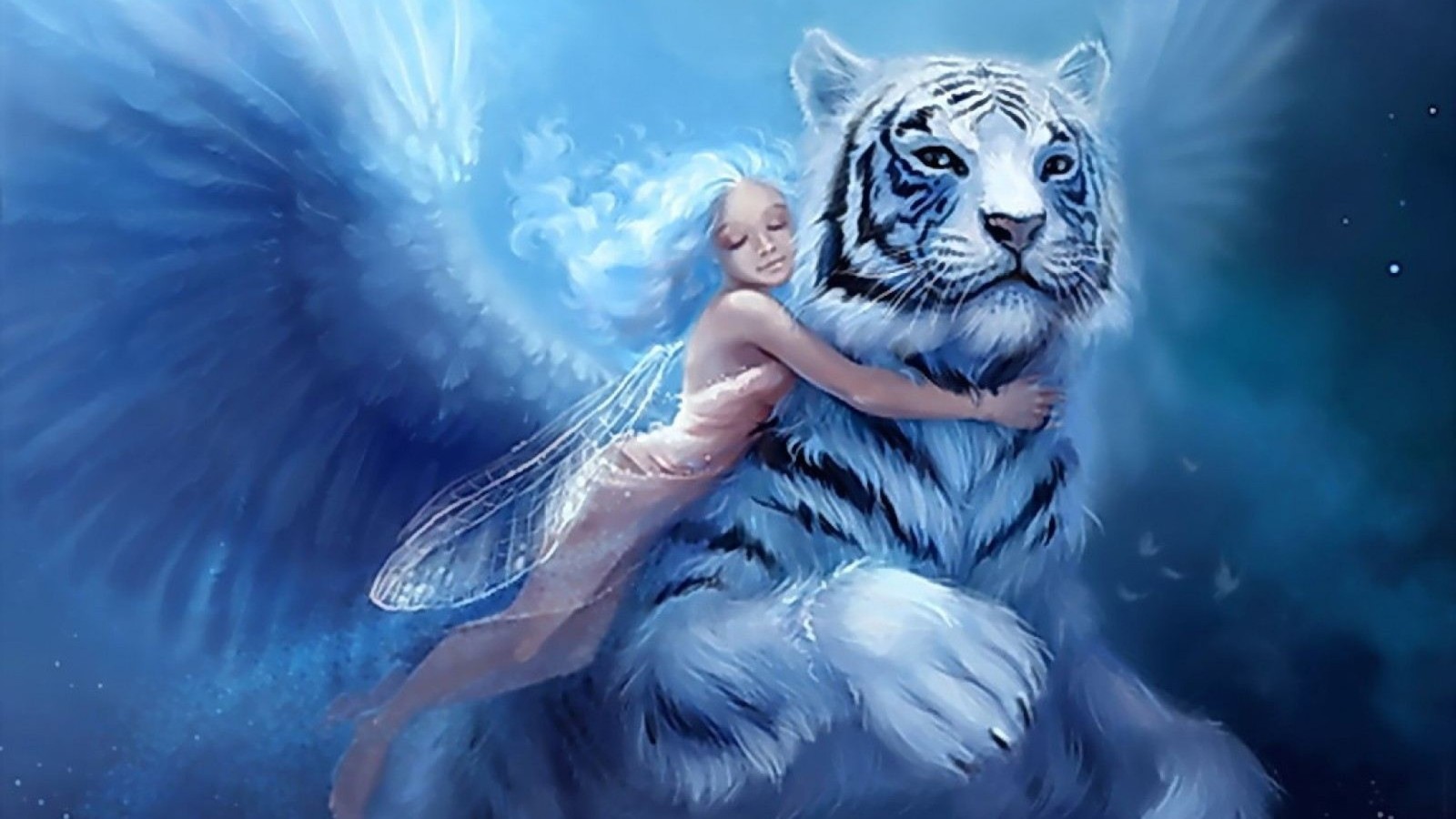 Baixar papel de parede tigre, grandes felinos, mitologia, criatura sobrenatural, azul