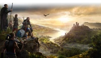 Guerriers vikings surplombant un paysage serein dans Assassin's Creed Valhalla