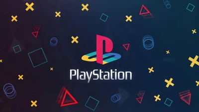 Logo PlayStation avec fond géométrique coloré dans un style d'art numérique