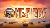 One Piece-Logo mit Namis ikonischem Strohhut vor einer malerischen Strandkulisse