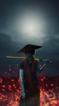 Samurai-Figur zwischen dramatischen Wolken und feuriger Landschaft