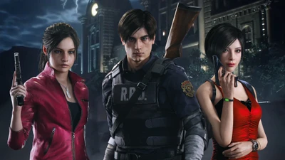 Iconic Characters from Resident Evil: Chris Redfield, Ada Wong, and Claire Redfield in a Dark, Action-Packed Scene