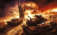 Epic depiction of a post-apocalyptic battlefield featuring tanks, the Statue of Liberty amidst a nuclear explosion, symbolizing the clash of military powers in a World War III scenario.