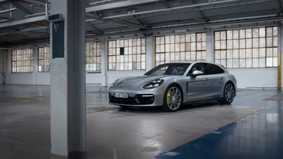 Elegante Porsche Panamera apresentado em um ambiente industrial