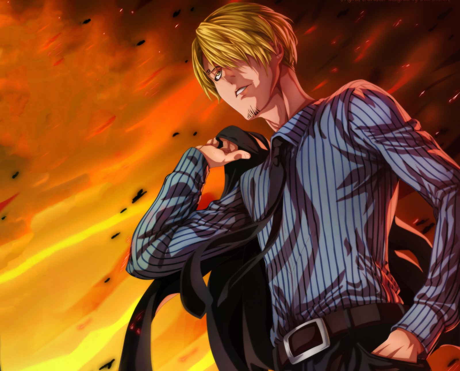 Chico de anime con corbata y camisa de pie frente a un fuego (sanji, one piece, anime, fondo de pantalla 4k)