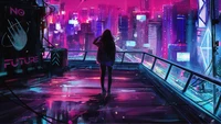 Neonreflexionen: Eine einsame Figur in einer dystopischen Cyberpunk-Stadtlandschaft