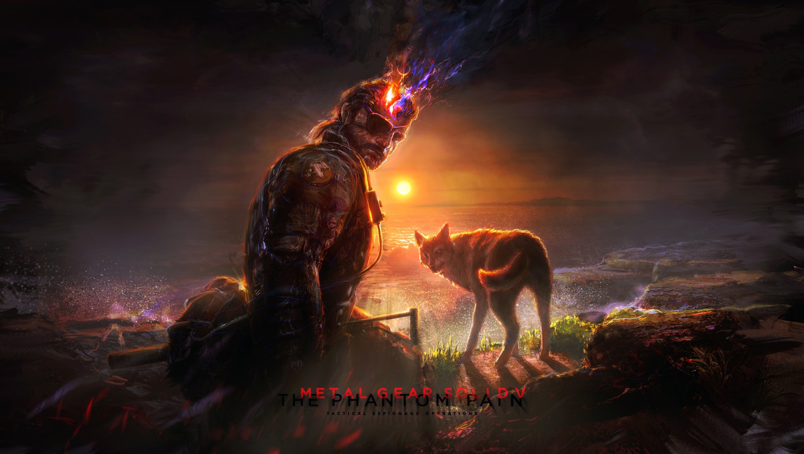 Um homem e um cachorro em pé em uma colina com um pôr do sol ao fundo (metal gear solid, calor, escuridão, mitologia, fogueira)