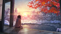 anime, scenery, autumn, sunset wallpaper