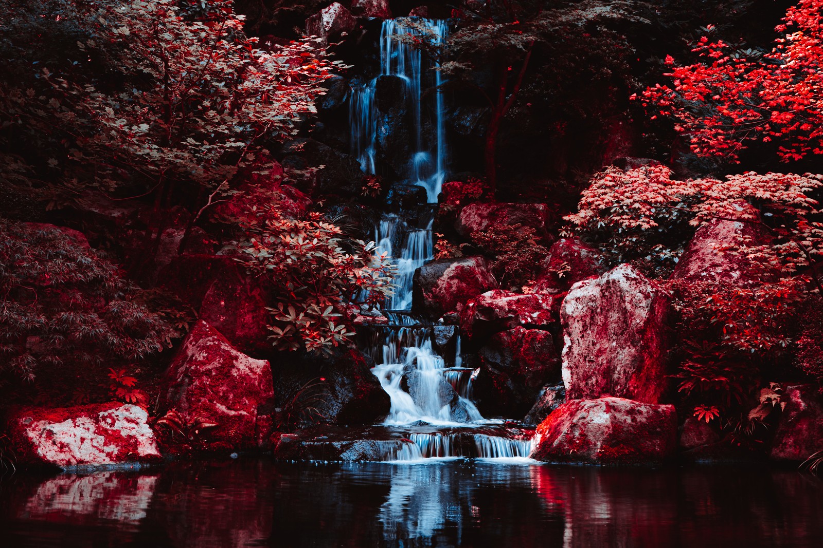 portland japanese gardens, infrared photography, waterfalls, peaceful, landscape wallpaper