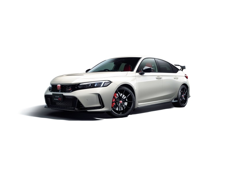 Близкий план белого автомобиля на белом фоне (honda civic type r, белый, 2022, белые машины, белый фон)