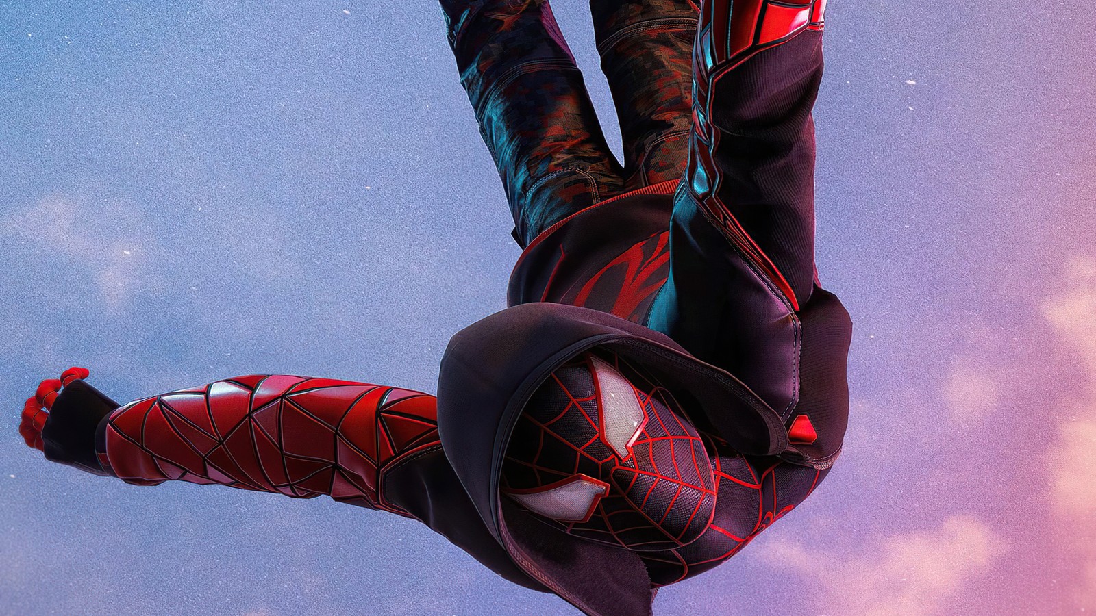 Spider-man en costume qui vole dans les airs (marvels spider man miles morales, mode photo, playstation 5, jeux 2020, 2020 games)