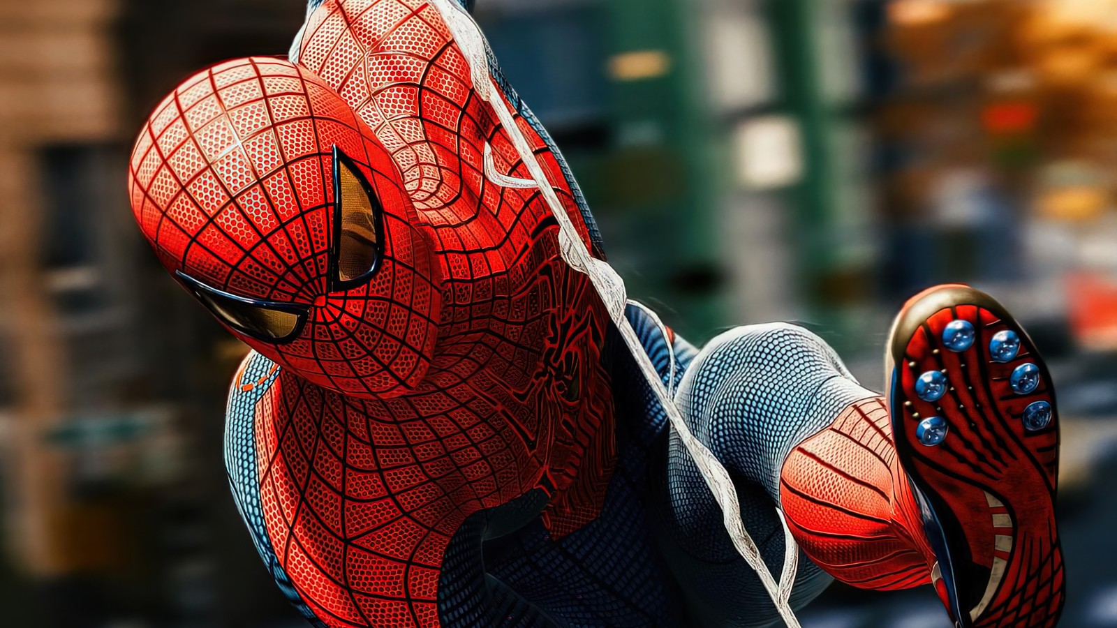 Spider-man dans un costume rouge et bleu suspendu à une corde (web, balançoire, marvels spider man, playstation 4, ps4)