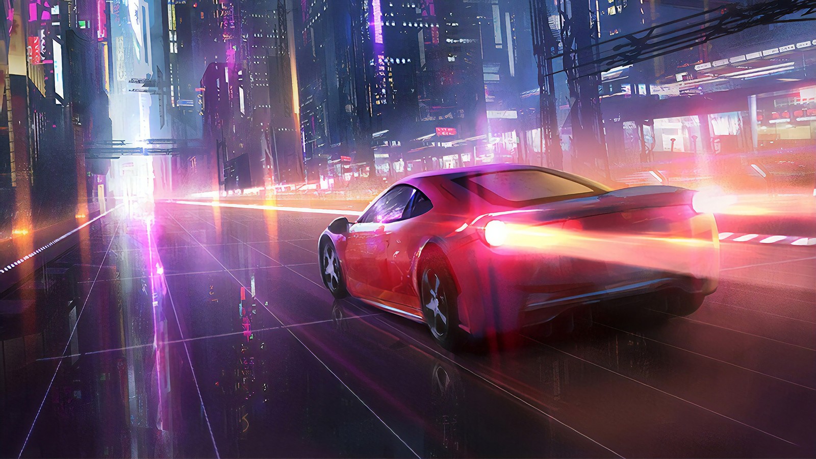 Image d'art d'une voiture roulant dans une ville la nuit (cyberpunk, ville, sports, voiture, hyperdrive)