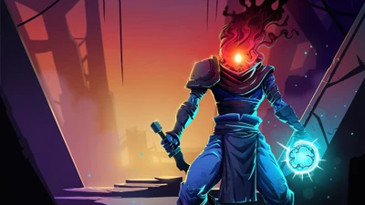 Таинственный персонаж из "Dead Cells" стоит в ярком, атмосферном пейзаже, держа светящееся оружие и излучая ауру силы и решимости.