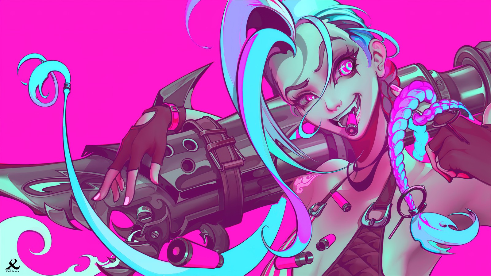 Un primer plano de un personaje de dibujos animados sosteniendo un arma (jinx, league of legends, lol, videojuego)